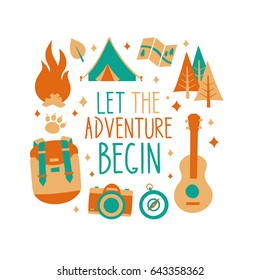 Let the adventure begin inscription card, t-shirt print design. Hipster nature travel adventure concept. Isolated on white background. Vector flat illustration. ukulele, camping. tent. forest. bonfire