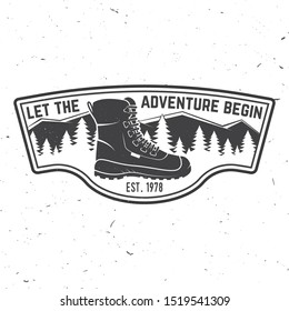 Let the adventure begin. Summer camp. Vector illustration. Concept for shirt or logo, print, stamp or tee. Vintage typography design with hiking boots, mountains, sky and forest silhouette.