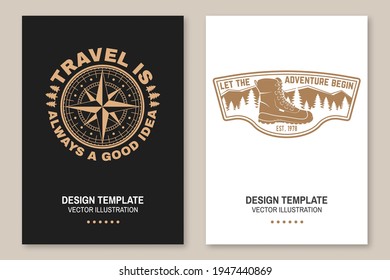 Let the adventure begin. Travel is always a good idea. Vector illustration Flyer, brochure, banner, poster design with hiking boots, mountains, sky and forest silhouette.