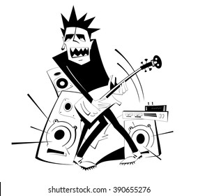 Let be where rock. Angry guitarist plays loud music using amplifier and several speakers 
