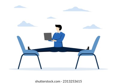 let employees manage their working time to complete project concept, flexible working, smart relaxed businessman working with laptop computer stretching his legs between chairs balancing like yoga.