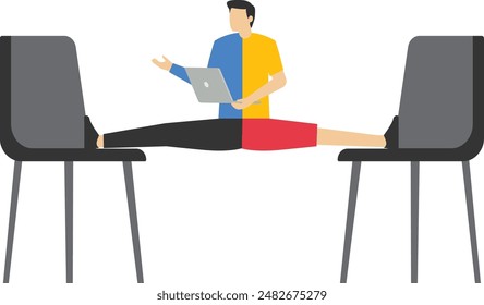 let employees manage their working time to complete project concept, flexible working, smart relaxed businessman working with laptop computer stretching his legs between chairs balancing like yoga.