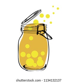 Let Fire Flies Free From Jar Isolated On White Background. Vector Illustration.