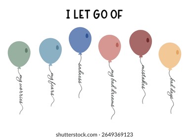 I Let Go Of" Cartaz motivacional - Balões que liberam Medos em cores suaves e mutantes, arte de parede atenciosa para crianças ou adultos