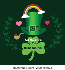 Que la suerte de los irlandeses brille el día de San Patricio Sombrero verde, trébol y Ilustración vectorial de arco iris