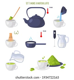 Let is make matcha latte. Japanese ceremony with Matcha. Steps to get finished Japanese healthy drink. Icons isolated. Vector illustration. White background. Flat design.