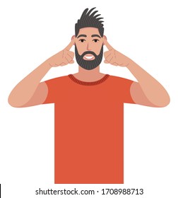 Let Me Think. Bearded Man With Stubble Looking Straight And Holding Fingers On His Temples, Trying To Remember Thing Or Word That He Has At The Tip Of His Tongue. Vector Illustration In Cartoon Style.