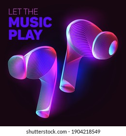 Let the music play. Outline vector illustration of wireless charging headphones or headset in 3d line art style on neon abstract background