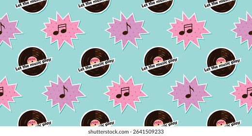 Let the music play seamless pattern with vinyl record and footnotes. Pink and brown colors on blue background. Vector design for printing on fabric and paper. Endless wallpaper, cover, textile.