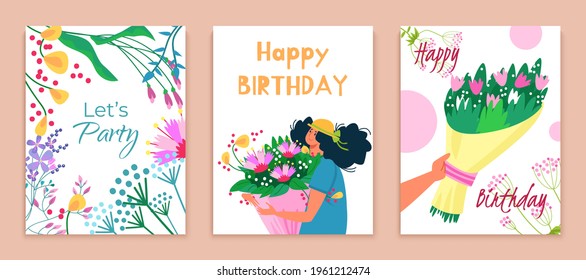 Let party happy birthday card set, gift bouquet flower to beautiful woman character hold blossom souvenir flat vector illustration.