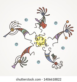 Let it Rock. Hand drawn Kokopelli circle. Stylized mythical characters playing flutes. Vector art for prints, design, cards, children and coloring books, t-shirts