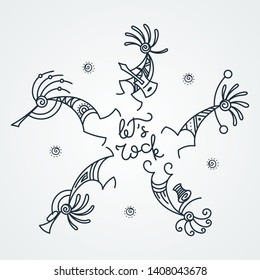 Let it Rock. Hand drawn Kokopelli circle. Stylized mythical characters playing flutes. Vector art for prints, design, cards, children and coloring books, t-shirts