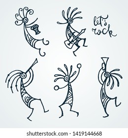 Let it Rock. Hand drawn Kokopelli figures. Stylized mythical characters playing flutes. Vector art for prints. design, cards, children and coloring books, t-shirts