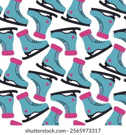 Let s go skating. Seamless pattern. Skates, hat, mittens, socks, sweater. For posters, posters, postcards, leaflets. The concept of winter sports