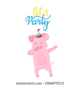 Let s party. Dancing pig in a striped hat. Funny piggy dabbing cartoon character. Cute piglet have fun.