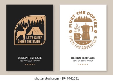 Let S Sleep Under The Stars. Summer Camp. Vector. Flyer, Brochure, Banner, Poster Design With Deer, Coffee, Camper Tent In The Night And Forest Silhouette.