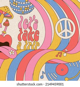 Let s take a trip - card or banner with lettreing Slogan Print with Hippie Style Mushrooms, rainbow and lips Background, 70 s Groovy Themed Hand Drawn Abstract Graphic Vector illustration.