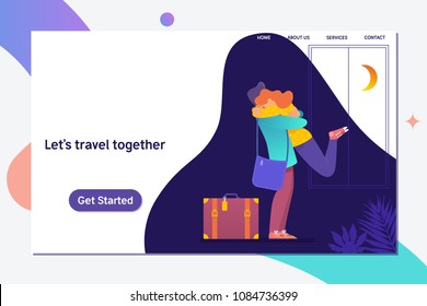 Let s travel together.Romantic inspirational poster with couple in love.Flat Vector illustration