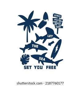 Let the sea  set you free. Shark, surfboard, palm tree vector print. Fun t-shirt design.Vector illustration design for fashion fabrics, textile graphics, print.