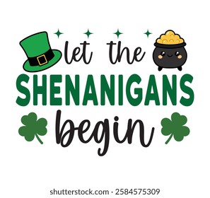  Let The Shenanigans Begin - Happy St. Patrick typography T-shirt vector, Saint Patrick's Day gnome Illustration Design, lucky shamrock Clipart