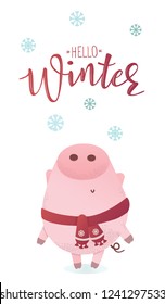 Let it snow banner. Cute piggy character in a winter scarf looking up. Greeting illustration. Symbol of winter holidays. Zodiac sign. Perfect for calendar and celebration card.