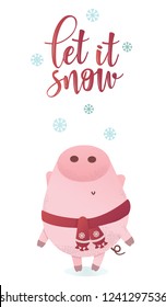 Let it snow banner. Cute piggy character in a winter scarf looking up. Greeting illustration. Symbol of winter holidays. Zodiac sign. Perfect for calendar and celebration card.