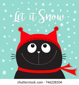 Let it snow. Black Cat kitten head face looking up. Red hat, scarf. Cute funny cartoon character. Merry Christmas. Flat design. Blue winter background with snow. Vector illustration