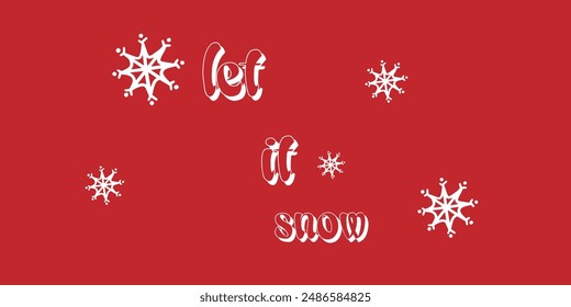 Let is snow calligraphy hand lettering with snowflakes on red background. Christmas, Happy New Year and winter holidays typography poster. Vector template for greeting card, banner, flyer, postcard.