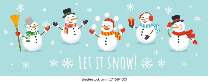 Let it snow card with cute character snowman vector illustration. Happy snowmans in scarf and hat flat style. Happy winter holiday concept. Isolated on blue background