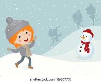 Let It Snow. Cheerful  winter illustration in retro style. Little boy enjoying to snow. Children playing outdoors and having  fun.