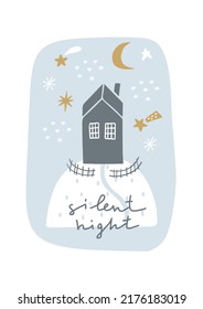 Deja que nieve. Tarjeta de Navidad. Ilustración dibujada a mano al estilo de las caricaturas. Un concepto lindo para las navidades. Ilustración para el diseño postal, textiles, prendas de vestir, decoración