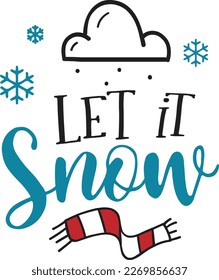 Let it snow, Christmas quote handwritten on black background decorated with red santa hat and mittens. Winter holidays greeting, calligraphy inscription.