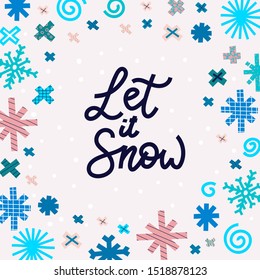 Dejemos que nieve Navidad copos de nieve carta simple. Vector de feriados de invierno. Elemento de diseño gráfico postal de papel. Cute Hand escribió un primitivo pequeño signo. Niños dibujando Cuadro de corte hecho a mano Niños