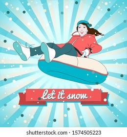 Let it snow! Concept of kids outdoor winter leisure activity on holiday. Vector illustration of young happily laughing girl sliding downhill on snowtube. Festive retro style background.