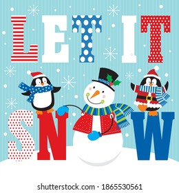 LET IT SNOW. Cute christmas snowman and penguin for greeting card, christmas gift bag or box design