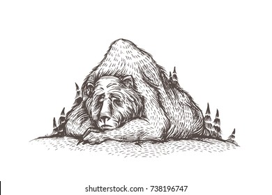 Let it snow. Cute and lovely handsketched illustration of old sleeping bear, looks like a mountain, into the woods. Forest wild beast, winter mood, christmas card. Seasonal greetings.