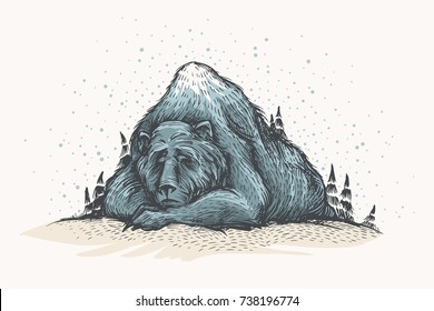 Let it snow. Cute and lovely handsketched illustration of old sleeping bear, looks like a mountain, into the woods. Forest wild beast, winter mood, christmas card. Seasonal greetings.