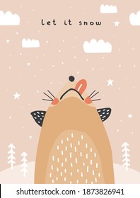 Let It Snow. Cute Winter Holidays Vector Illustration with Funny Ginger Fox. Hand Drawn Funny Fox, Fluffy Clouds and Trees Isolated on a Light Salmon Pink Background. Infantile Style Christmas Card.