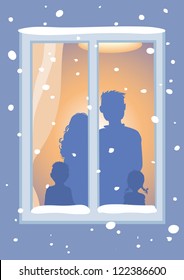  Let It Snow! Family and window. Vector Illustration