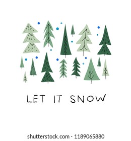 Let it snow flakes fall doodles simple card. Winter Holidays vector graphic design element. Cute Hand written primitive small sign Kids drawing Children hand made naive art paper cutout christmas tree