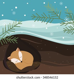 Let it snow. Fox sleeping in a hole. Holiday background. Christmas vector.