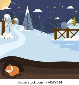 Let it snow. Fox sleeping in a hole. Holiday background.