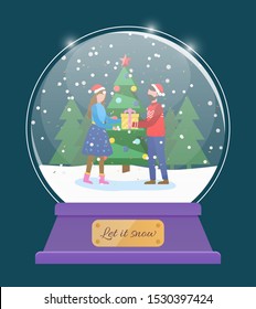 Let it snow, glass bauble with snowing weather. Man and woman couple exchanging gifts on christmas holidays. Xmas snow globe toy. Snowfall in winter landscape cheerful pair flat style vector