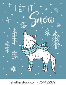 let it snow hand drawn winter december xmas card with cute cartoon  white wolf in the forest