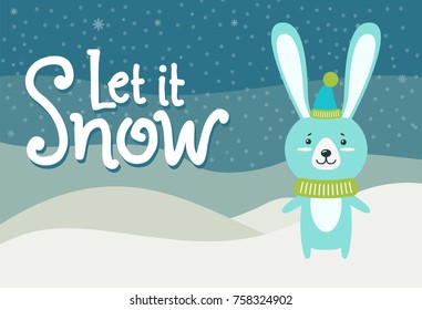 Let it snow hare dressed in warm knitted clothes hat with bubo and scarf. Vector illustration wild beast on winter landscape background and snowflakes