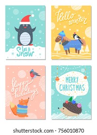 Let it snow hello winter 60s colorful postcard with cute animals in warm clothes. Vector illustration contains snowy banners with congratulations