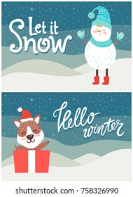 Let it snow hello winter bright snowy postcard with fox holding gift box and snowman in scarf and hat. Vector illustration with greeting from animals