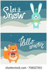 Let it snow hello winter set of bright postcards with wild animals on snow. Vector illustration with hare in scarf and squirrel in furry headphones