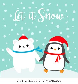 Let it snow. Kawaii Penguin bird Polar white bear cub. Red Santa Claus hat, scarf. Cute cartoon baby character. Merry Christmas. Flat design Winter blue background with snow flake Greeting card Vector