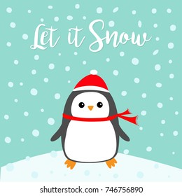 Let it snow. Kawaii Penguin bird on snowdrift. Red Santa Claus hat, scarf. Cute cartoon baby character. Merry Christmas. Flat design Winter blue background with snow flake. Greeting card. Vector